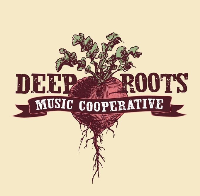 Deep Roots Music Cooperative logo, including photo of a beet. 