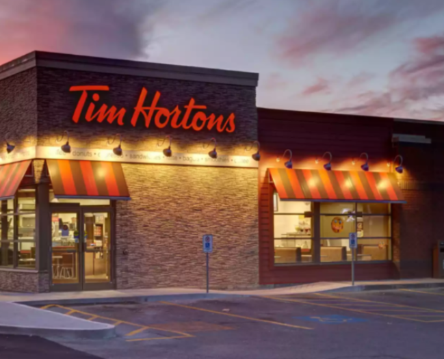 A photo of the outside of a Tim Hortons 