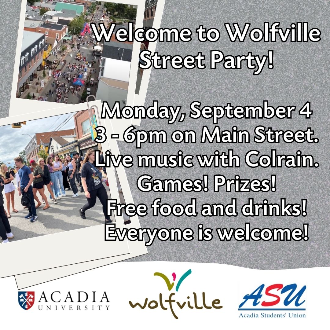 Welcome to Wolfville invitation with students on Main Street