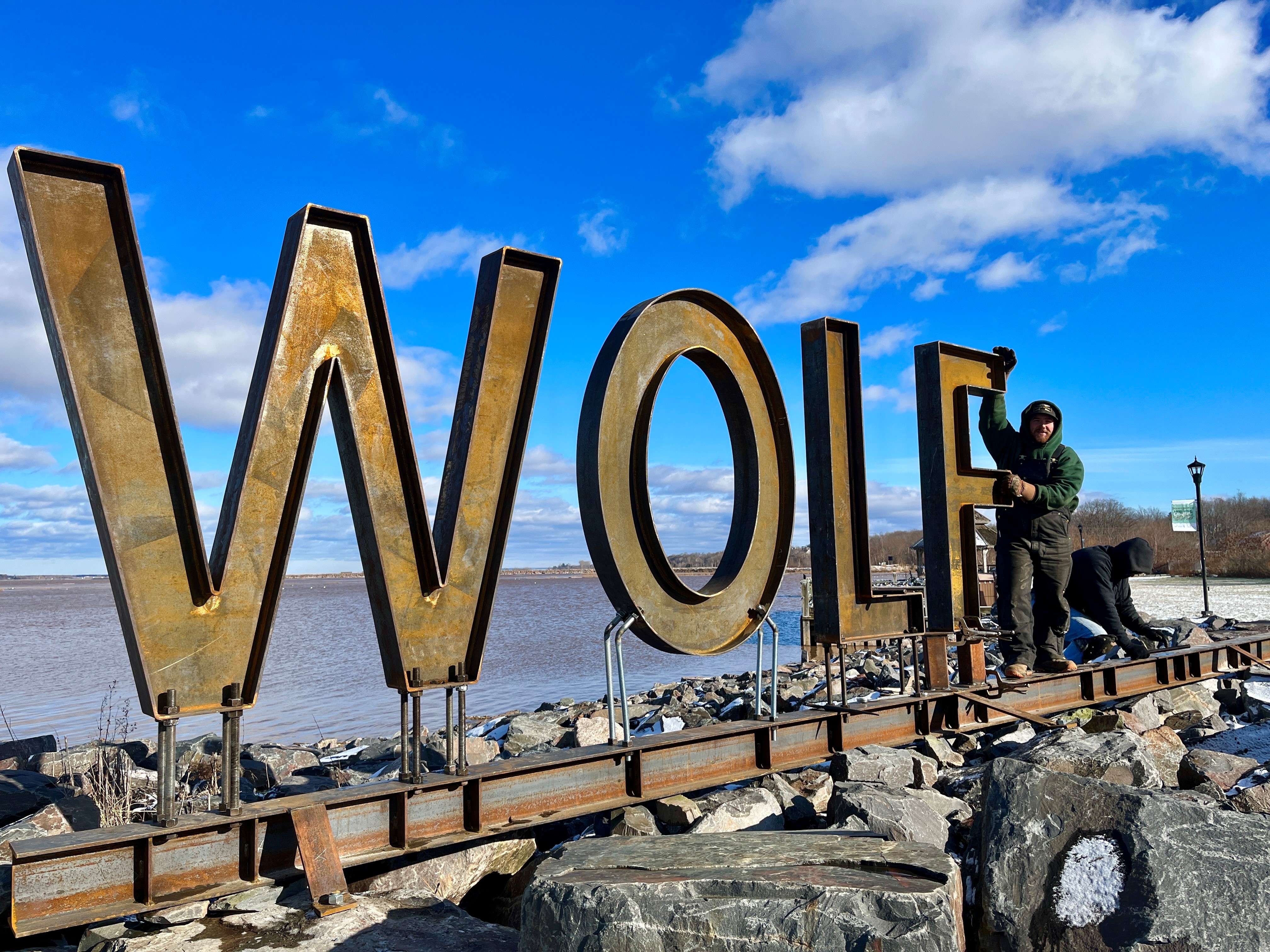 Wolfville sign in Waterfront Park has started to be installed.