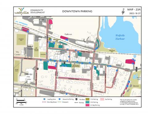 map of parking locations and time limits in downtown Wolfville.