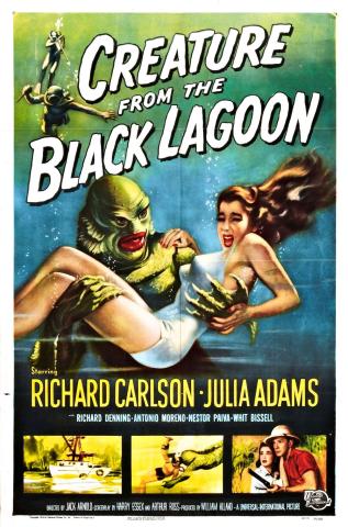 Blue and green poster reads: Creature from the Black Lagoon. Starring Richard Carlson, Julia Adams. Ricard Denning, Antonio Moreno, Nestor Paiva, Whit Bissell. Directed by Jack Arnold. Screenplay by Harry Essex and Arthur Ross. Produced by William Alland. A universal international picture. A picture of a cartoon green reptile monster holding a frightened person is displayed in the middle of the poster. 