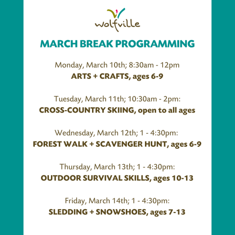 Text shows each day of March Break programming + specifies age range for programs