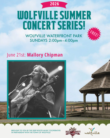 Image Description: 'Poster of Mallory Chipman playing guitar, performer at Wolfville Summer Concert Series'