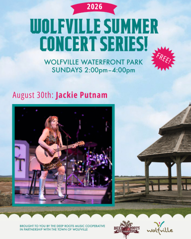 Image Description: Poster of Jackie Putman a performer at the Wolfville Summer Concert Series, pictured in fluorescent silver go-go boots and a gold sequinned dress playing guitar on a stage.