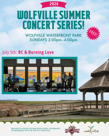 Image Description: 'Poster of the Wolfville Summer Concert series performers BC and Burning Love. One man playing keyboard on the far left a drum set in the middle and two men on the other side of the image playing guitar.