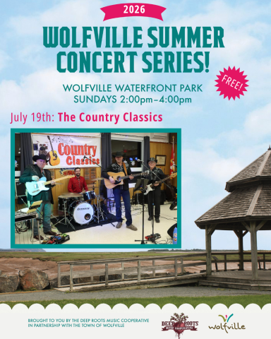 Image Description: 'Poster of the Wolfville Summer Concert series performers The Country Classics, Band pictured with three men playing guitar with a drummer centred.