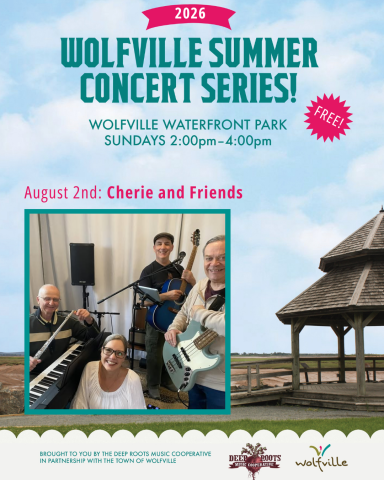 Image Description: 'Poster of the Wolfville Summer Concert series performers Cherie and Friends, Band pictured as a man holding a flute at a keyboard, man holding blue guitar and a man holding a light blue bass. Centred is the singer Cherie.