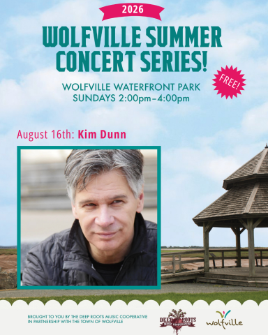 Image Description: 'Poster of Kim Dunn, head shot of the performer at the Wolfville Summer concert series.