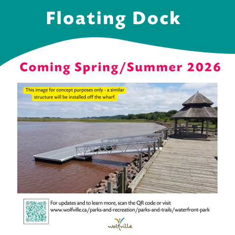 a sign says "floating dock coming summer/spring 2026 shows a floating dock front the wharf at Waterfront Park into the harbour.