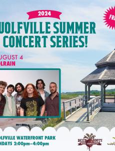 In the background the gazebo at Waterfront Park is pictured on a summer day. In the foreground text reads: Free! 2024 Wolfville Summer Concert Series. August 4 Colrain. Wolfville Waterfront Park Sundays: 2:00-4:00pm. The Deep Roots Music Cooperative logo and the Wolfville Blooms logo is pictured  