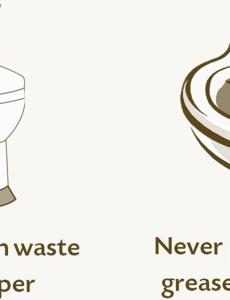 Only flush human waste and toilet paper. Never pour fats, oils, or grease down the drain.