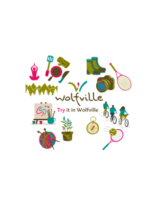 The Wolfville Blooms Try it in Wolfville logo is pictured surrounded by cartoons images of recreation activities, all in Wolfville colours. 