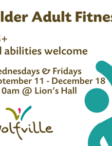 Poster reads: Older Adult Fitness. 55+, All abilities welcome. Wednesdays & Fridays. September 11 - December 18. 9-10am @ Lion's Hall. An outline of a person stretching is pictured with the Wolfville Blooms logo.