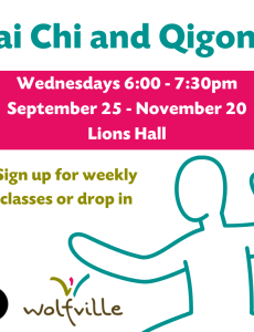 Poster reads: Tai Chi and Qigong. Wednesdays 6:00-7:30pm. September 25 - November 20. Lions Hall. Sign up for weekly classes or drop in. A Yingyang and an outline of a person practicing tai chi is pictured. The Wolfville Blooms logo is also pictured. 