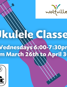 Image reads: UKELELE CLASSES Wednesdays 6-7:30pm from March 26th to April 30th