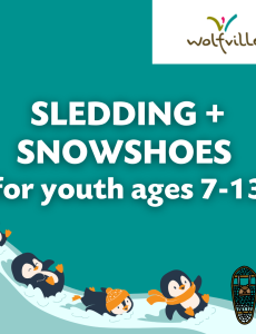 Image reads: SLEDDING + SNOWSHOES for youth ages 7-13