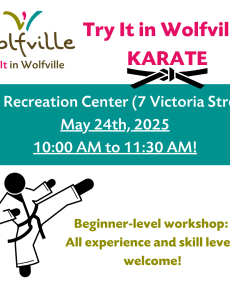 Promotional post with details on the date, time, and location of the event. A cartoon karate person is also featured.