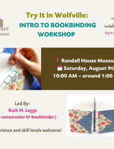 Poster for a bookbinding workshop in Wolfville on August 9, showing event details alongside images of hands sewing a book and a finished handmade book with floral covers.