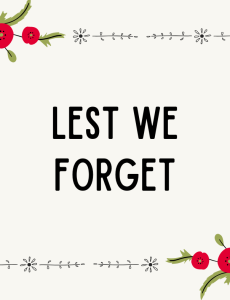 Text: Lest we forget. Frame of red poppies around the text.